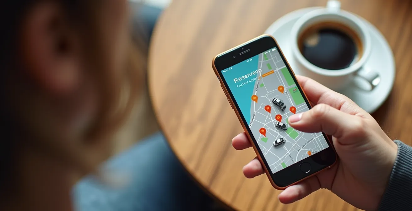 Main tenant un téléphone montrant une carte avec des voitures disponibles en autopartage, vue de dessus
