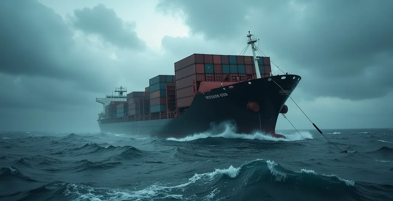 Navire cargo incliné en situation d'urgence maritime avec conteneurs sur le pont