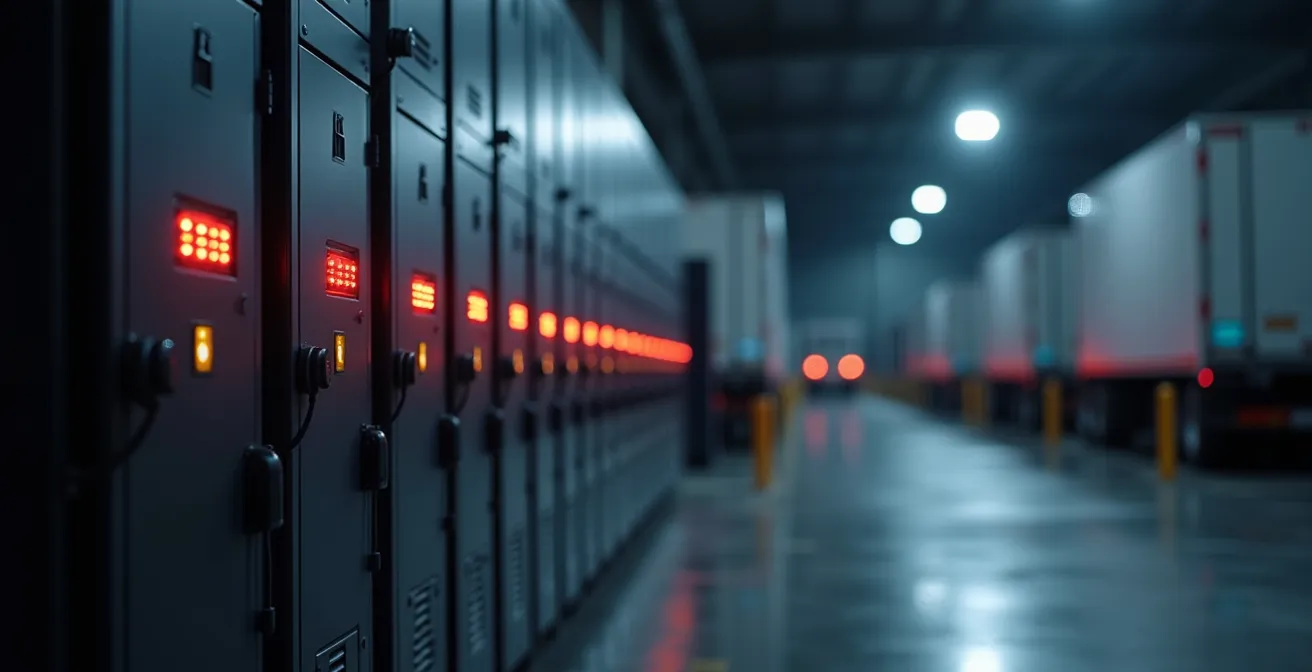 Système de batteries stationnaires installé dans un entrepôt québécois avec des camions électriques en arrière-plan