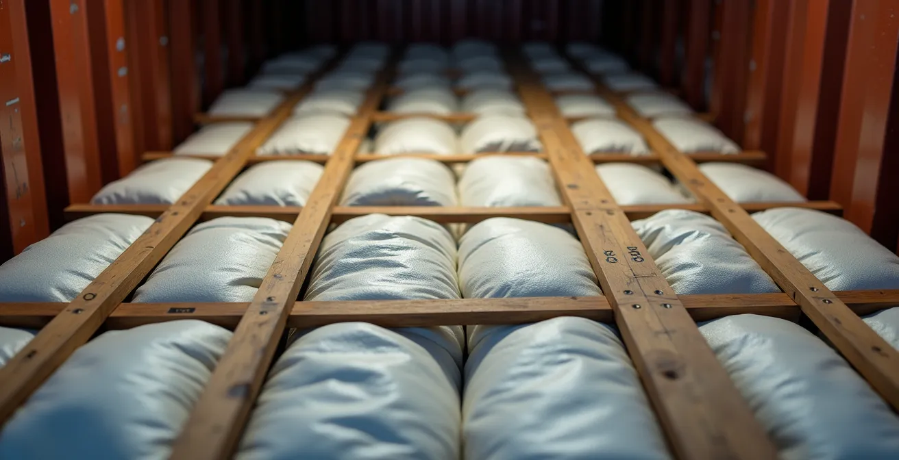 Vue macro détaillée de l'intérieur d'un conteneur avec système de calage professionnel montrant coussins gonflables et barres télescopiques sécurisant des palettes