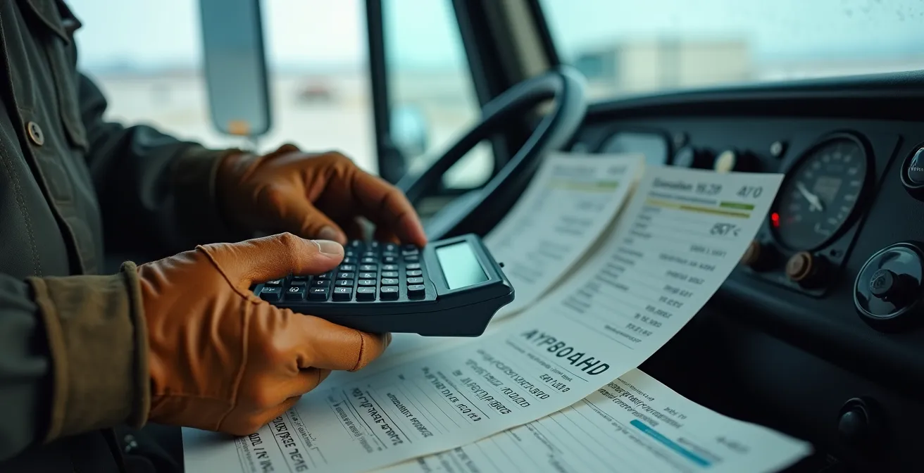 Calculatrice et documents financiers sur le tableau de bord d'un camion pendant une tempête