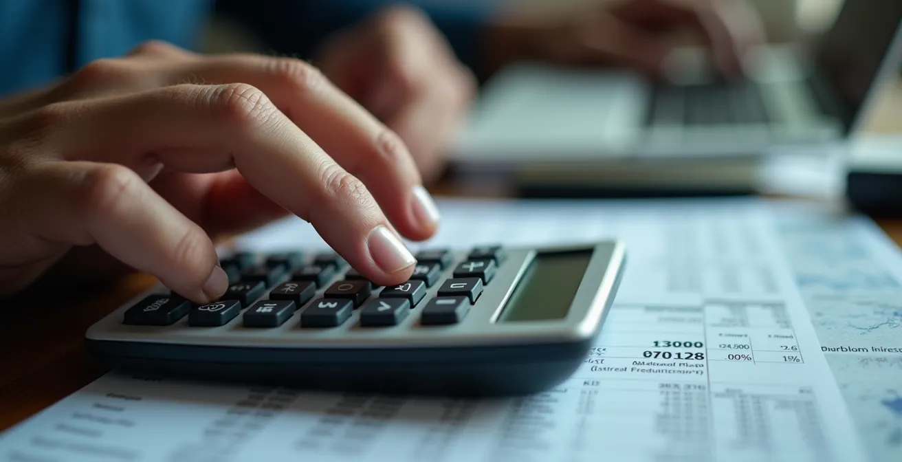 Calculatrice professionnelle avec documents de facturation et graphique de prix du diesel