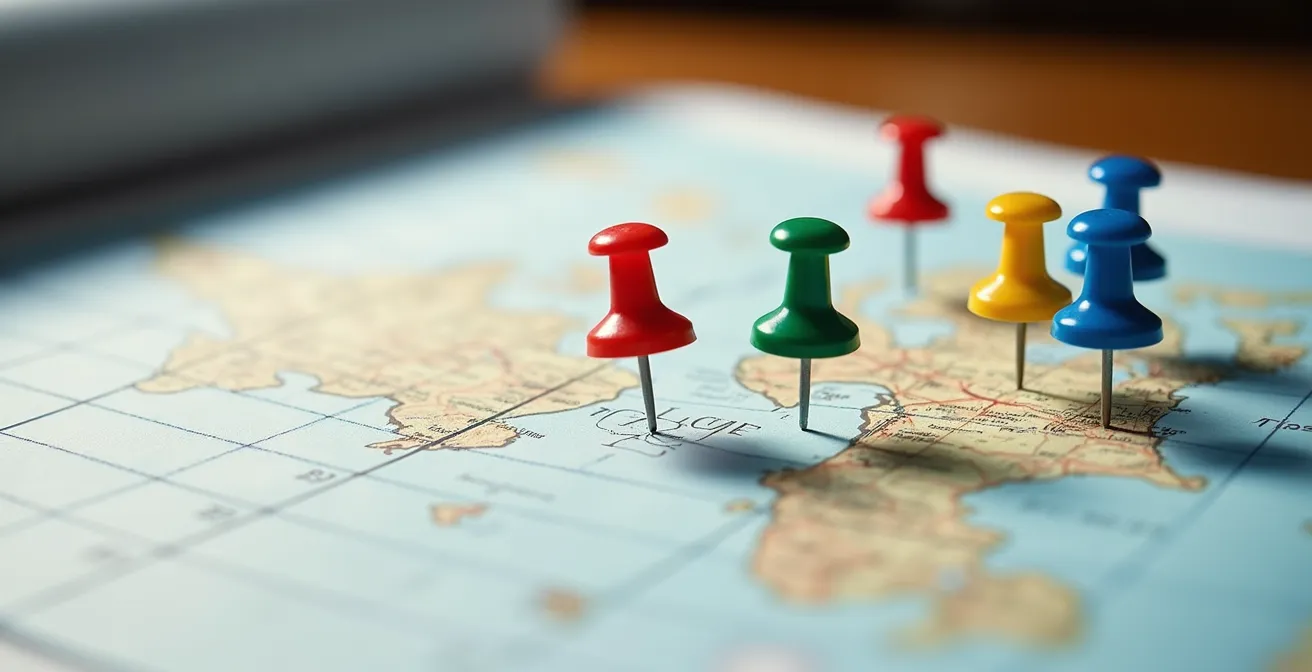 Vue macro d'un calendrier avec des épingles colorées marquant les périodes de réservation, texture du papier visible