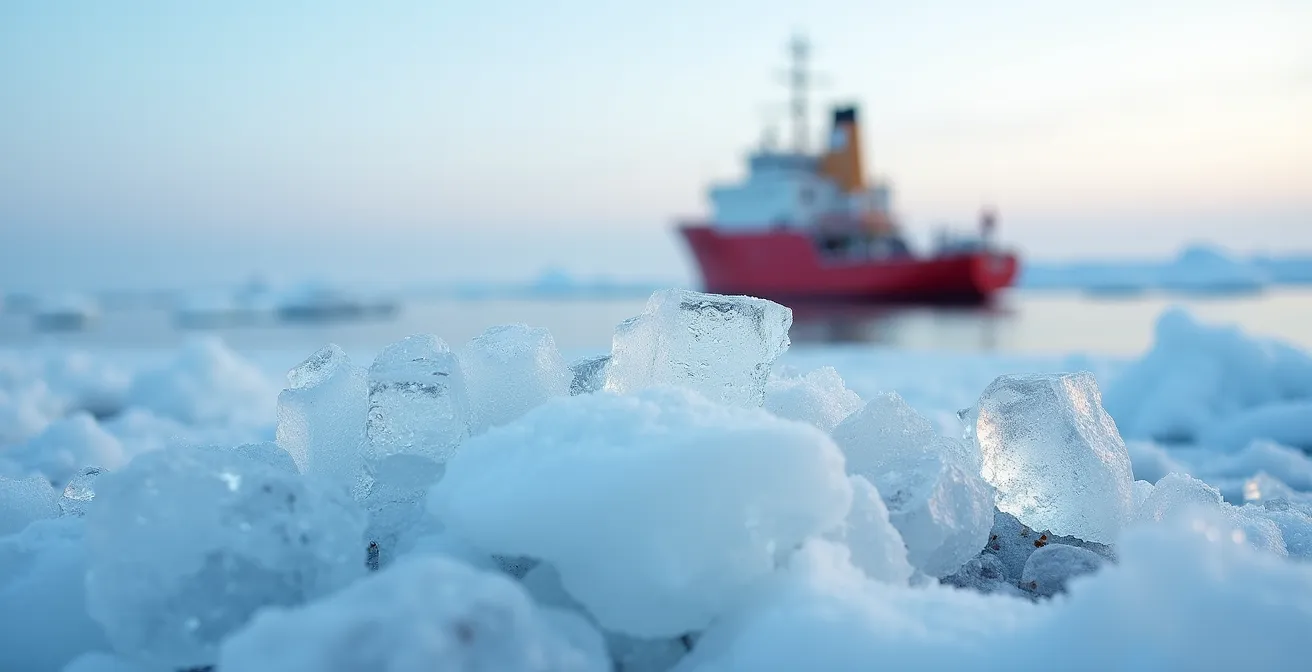 Vue macro détaillée de glace arctique avec navire brise-glace en arrière-plan