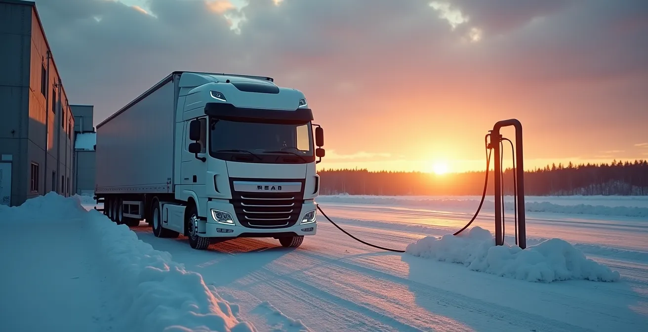 Camion électrique commercial en recharge dans un dépôt québécois enneigé au coucher du soleil