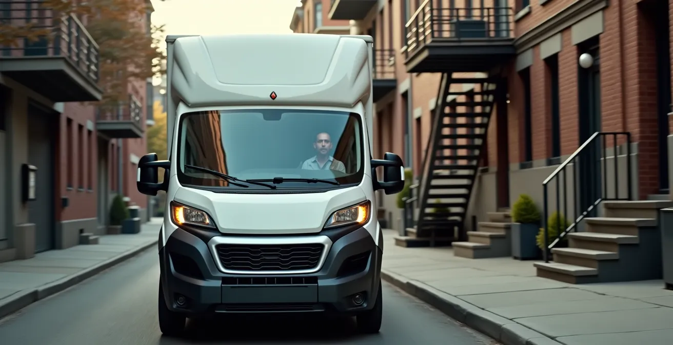Camion de livraison compact manoeuvrant dans une ruelle étroite du Plateau-Mont-Royal avec les escaliers extérieurs typiques