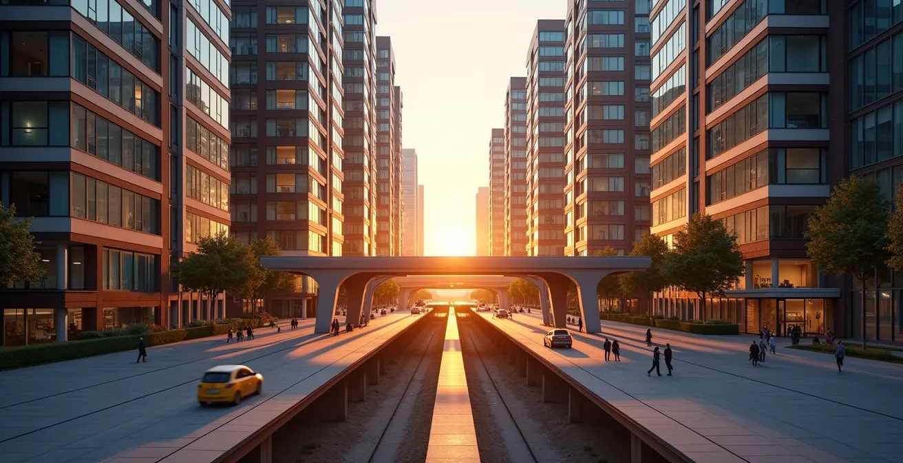 Vue aérienne d'un développement immobilier dense autour d'une station de métro illustrant le concept de captation de la valeur foncière