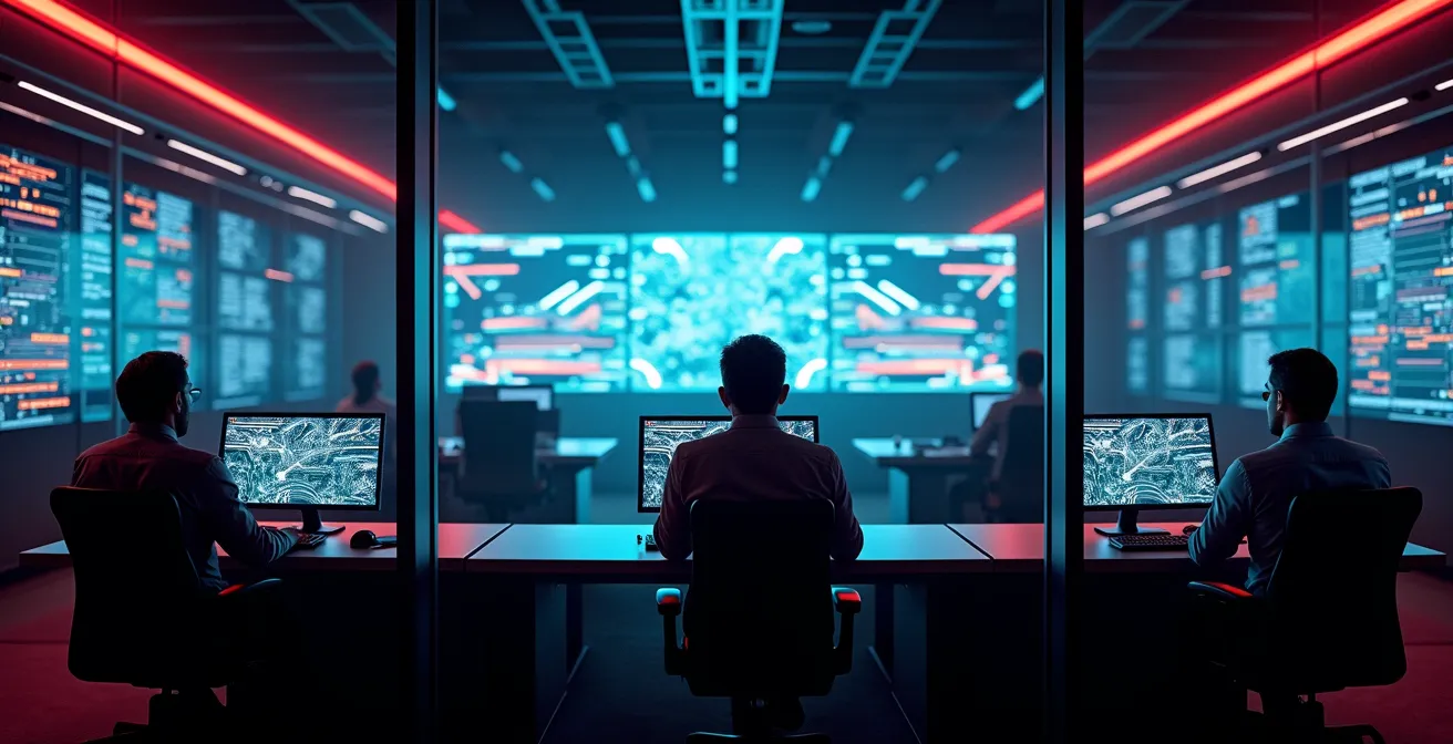Salle de contrôle du trafic urbain avec opérateurs surveillant des écrans abstraits de flux de données