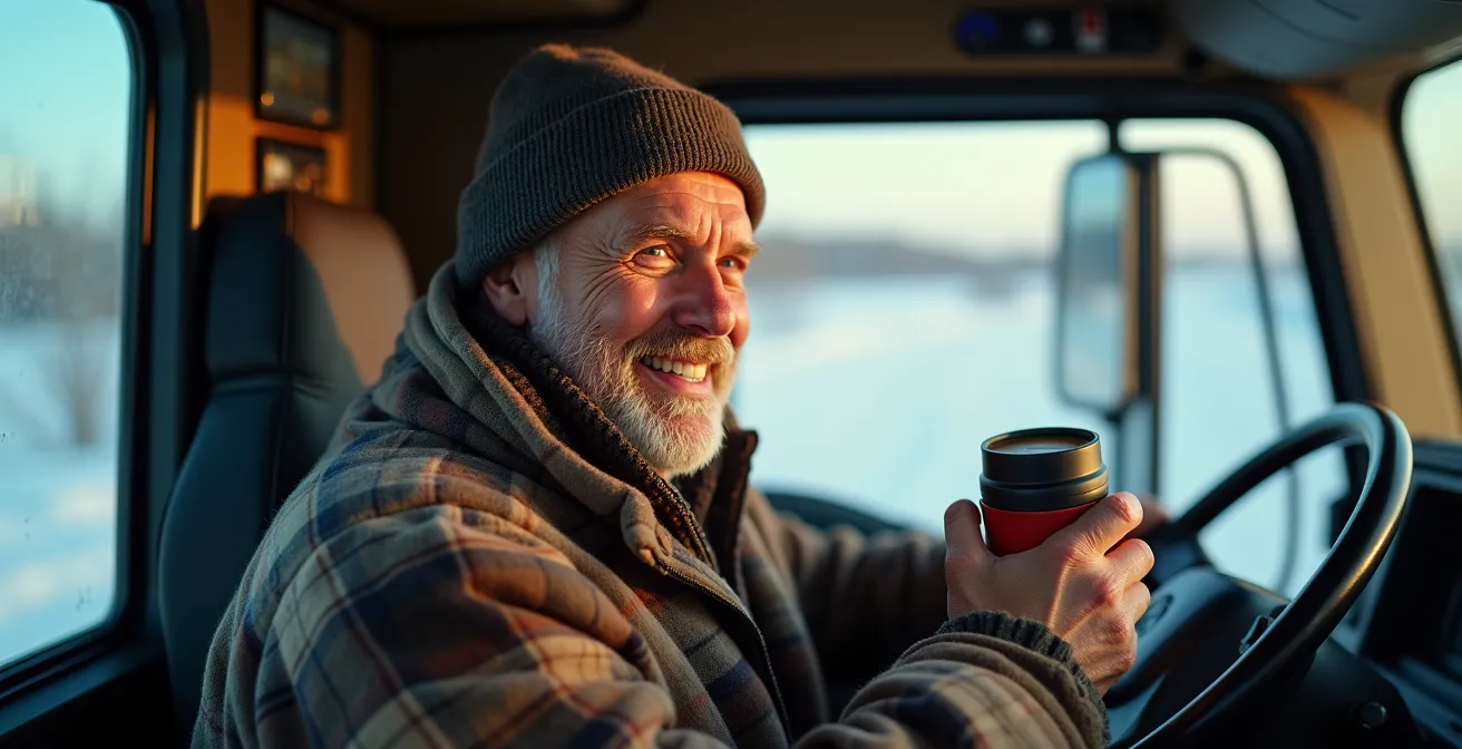 Chauffeur prenant une pause réconfortante dans sa cabine chauffée en hiver québécois