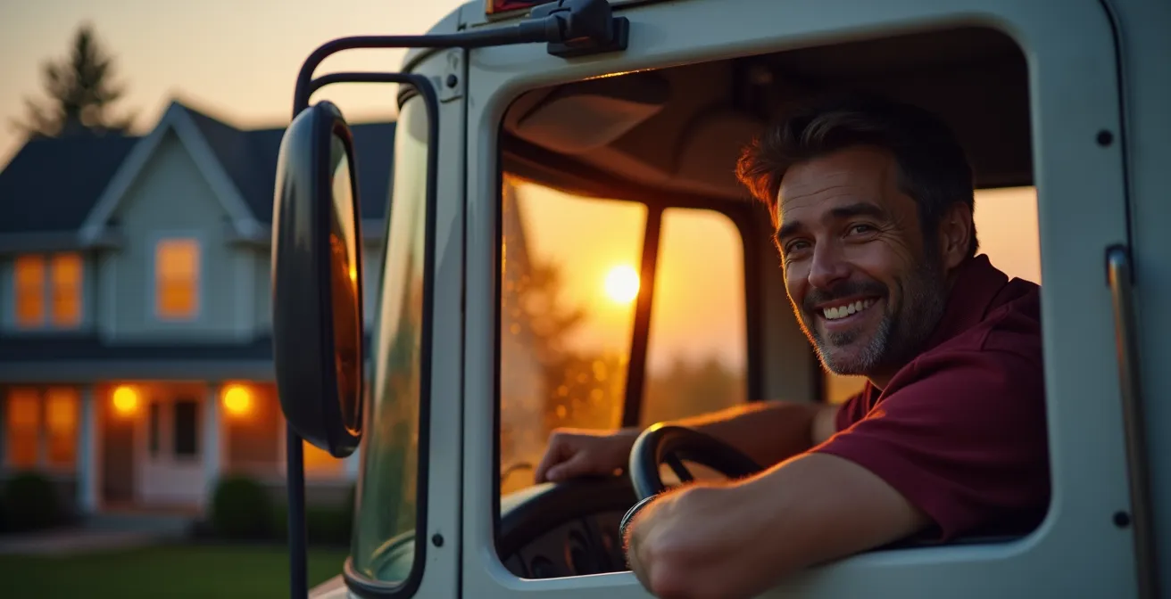 Chauffeur de camion descendant de sa cabine au coucher du soleil avec maison familiale en arrière-plan
