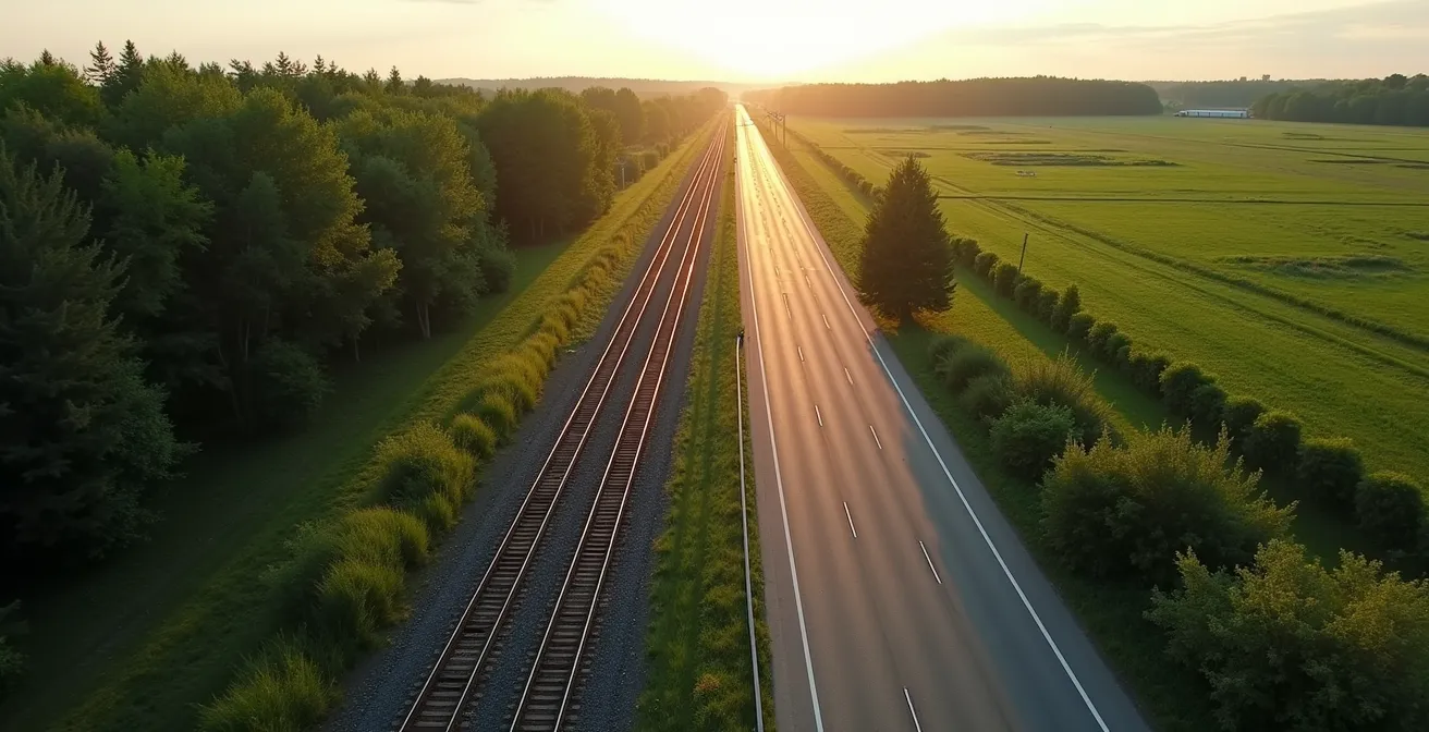 Vue aérienne montrant la différence d'infrastructure entre une voie ferrée électrifiée moderne et une autoroute achalandée, illustrant l'impact environnemental contrasté