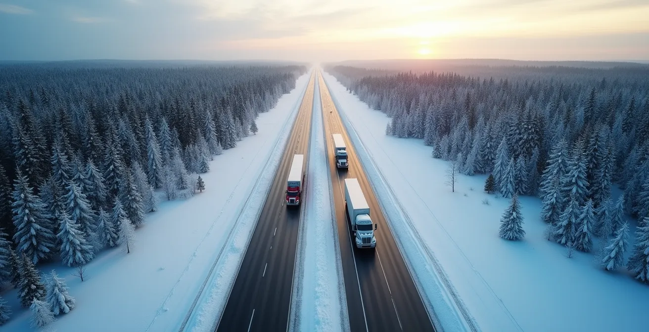Vue aérienne des deux routes traversant l'Ontario en conditions hivernales