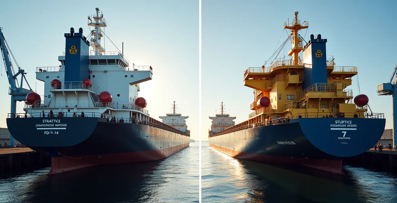 Vue détaillée comparative de deux types de navires spécialisés dans un port canadien