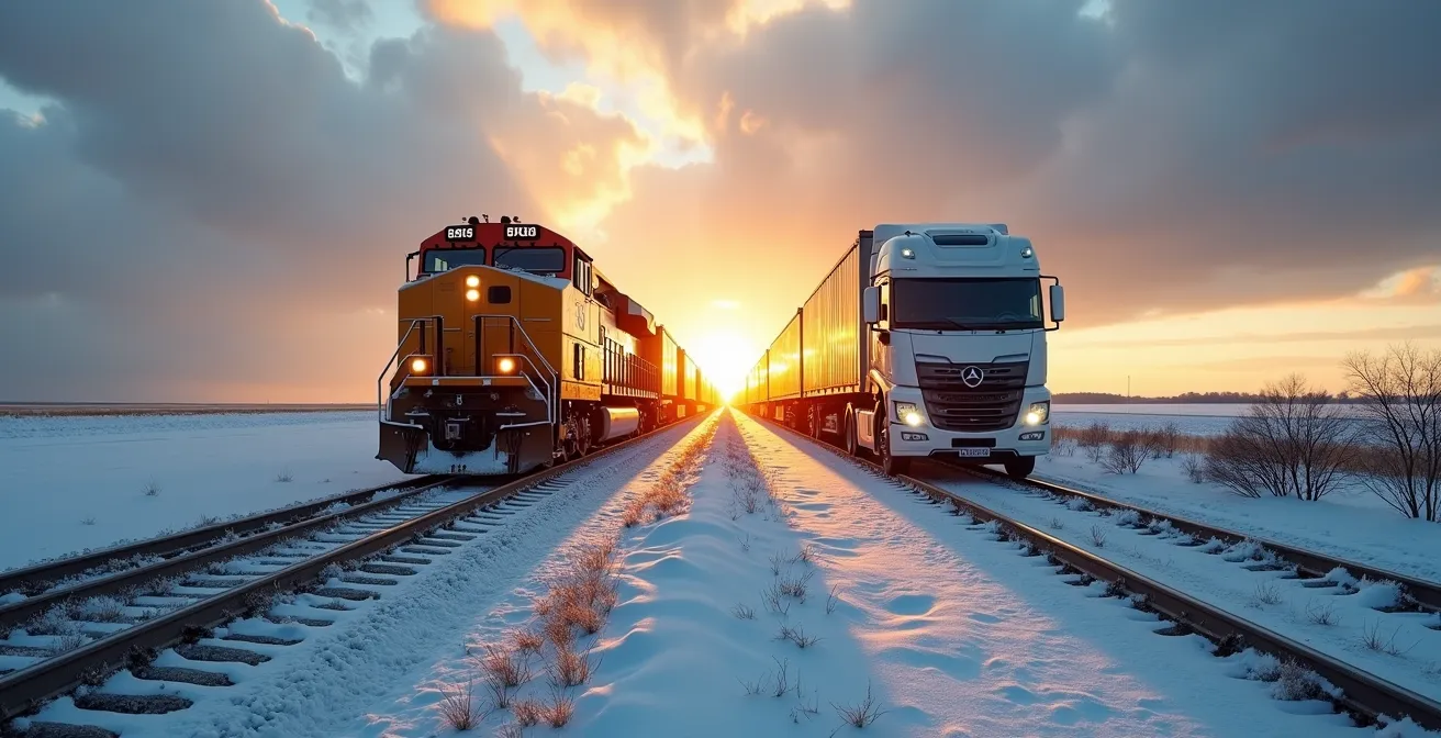 Juxtaposition visuelle d'un train de marchandises et d'un camion de transport traversant un paysage canadien hivernal