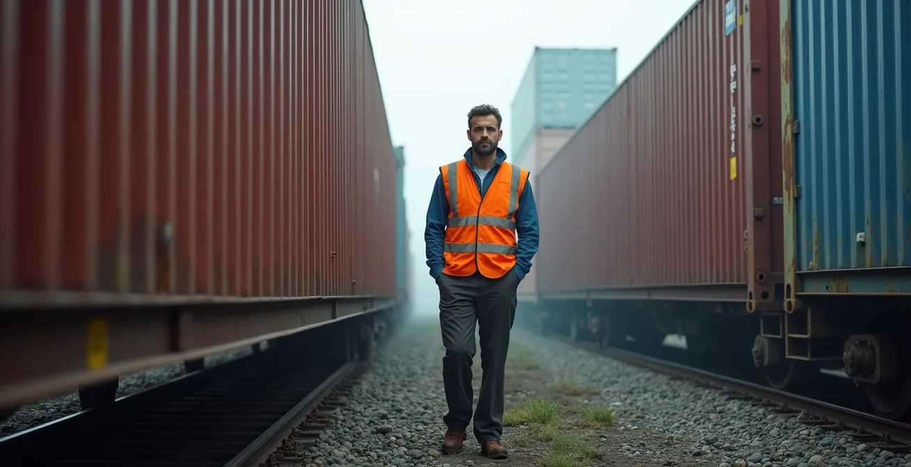Vue aérienne montrant côte à côte un conteneur de 53 pieds et un de 40 pieds ISO sur châssis ferroviaires dans un terminal de l'Ouest canadien