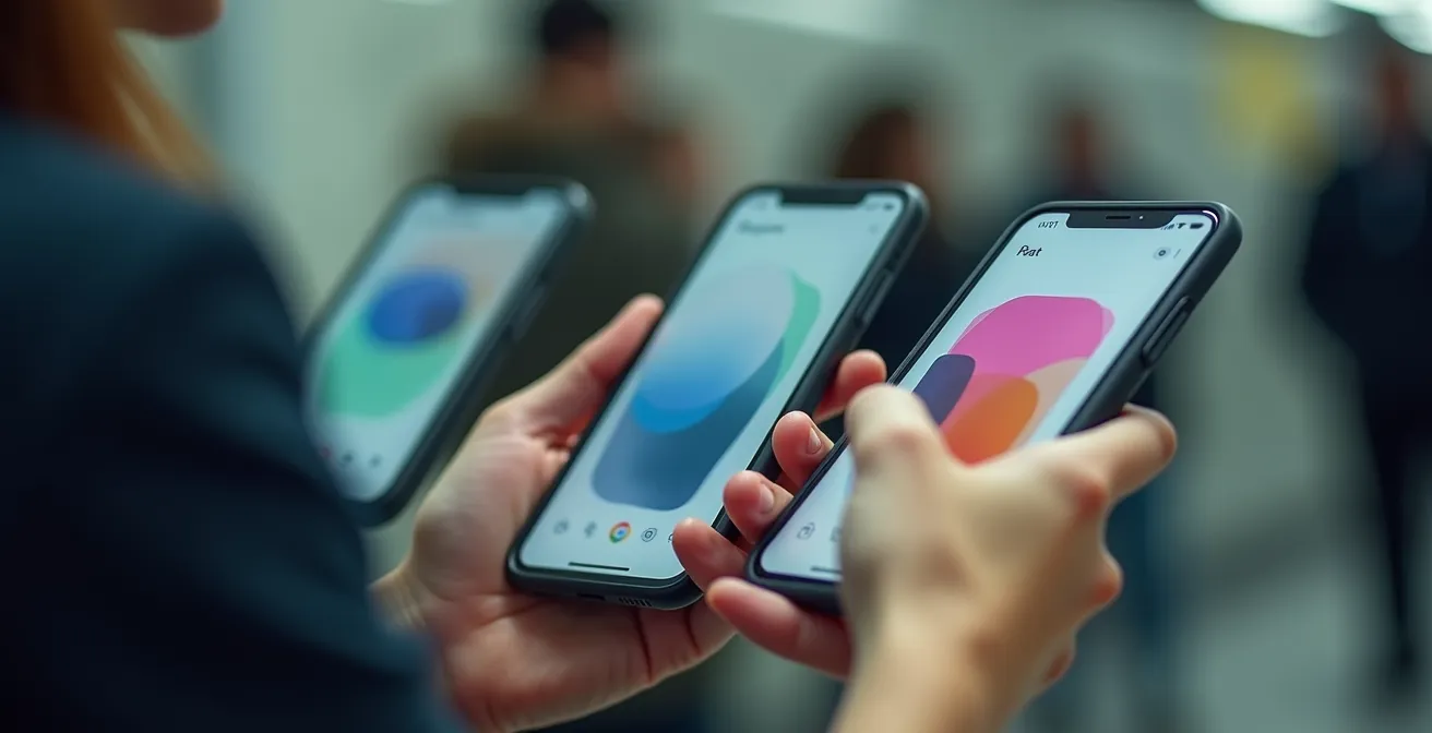 Mains tenant trois téléphones montrant différentes interfaces de paiement floues