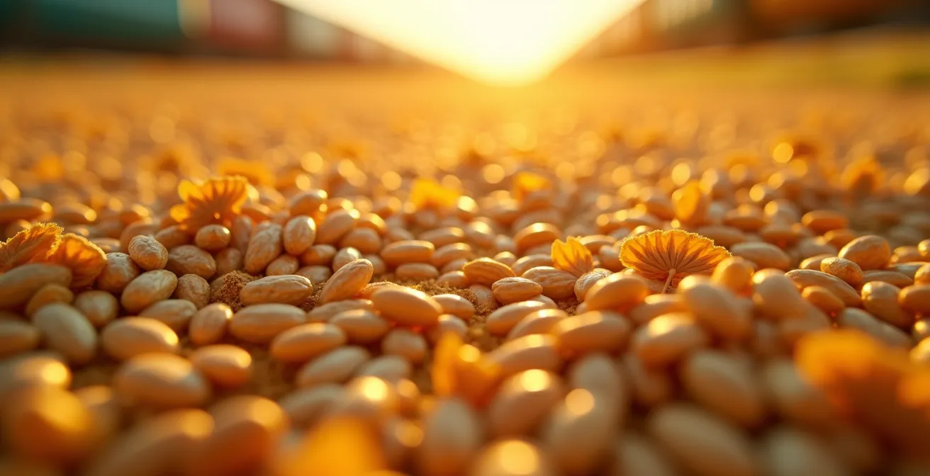 Vue macro de grains de blé dorés avec wagons ferroviaires flous en arrière-plan sous ciel d'automne