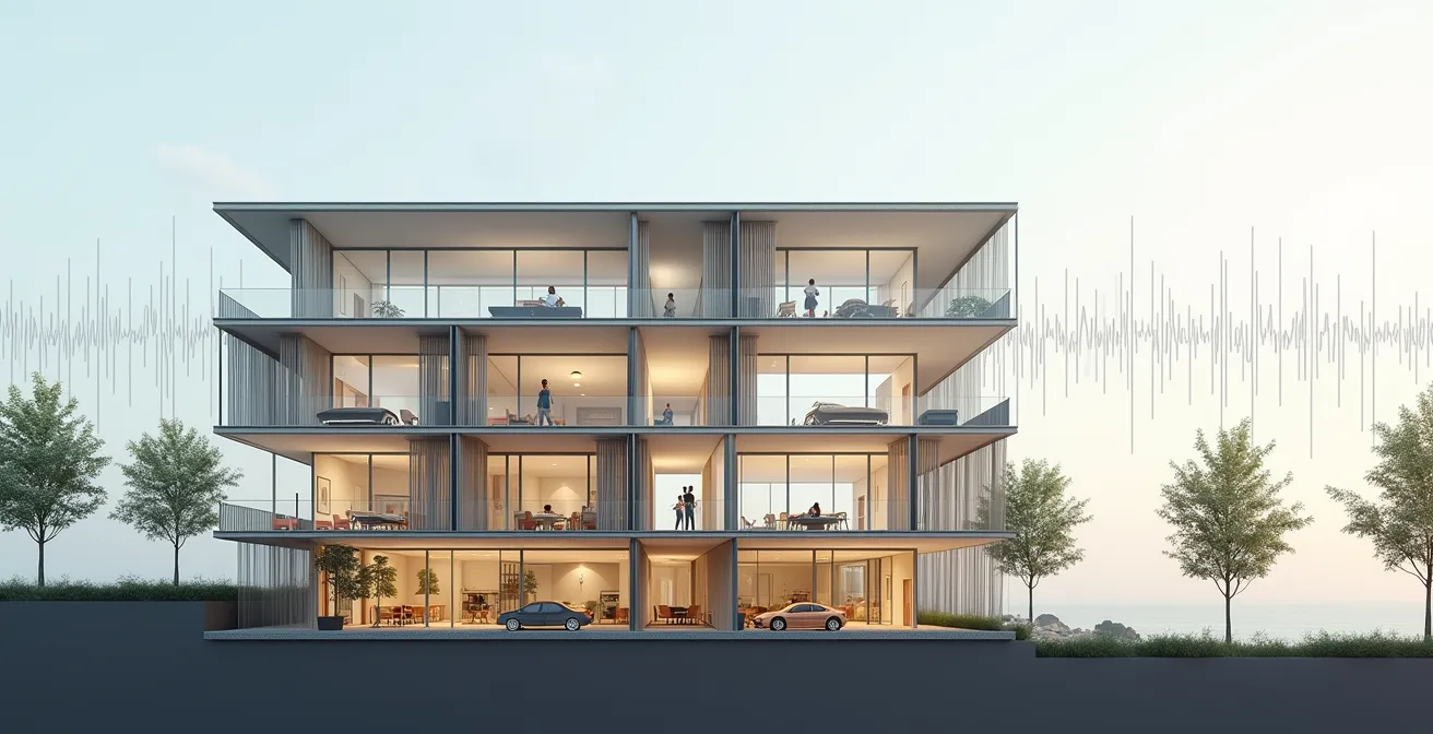 Coupe architecturale montrant l'impact du bruit sur différents étages d'un immeuble près d'une voie ferrée