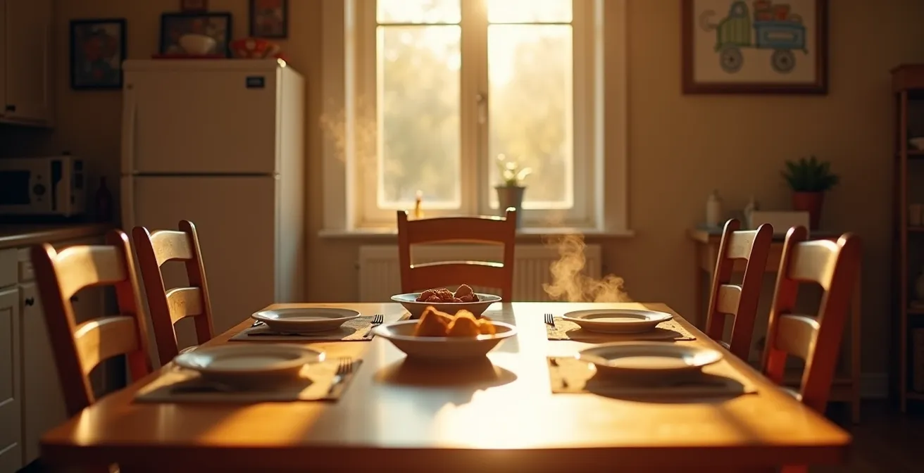Table familiale chaleureuse avec une place visiblement réservée pour le chauffeur qui est sur la route