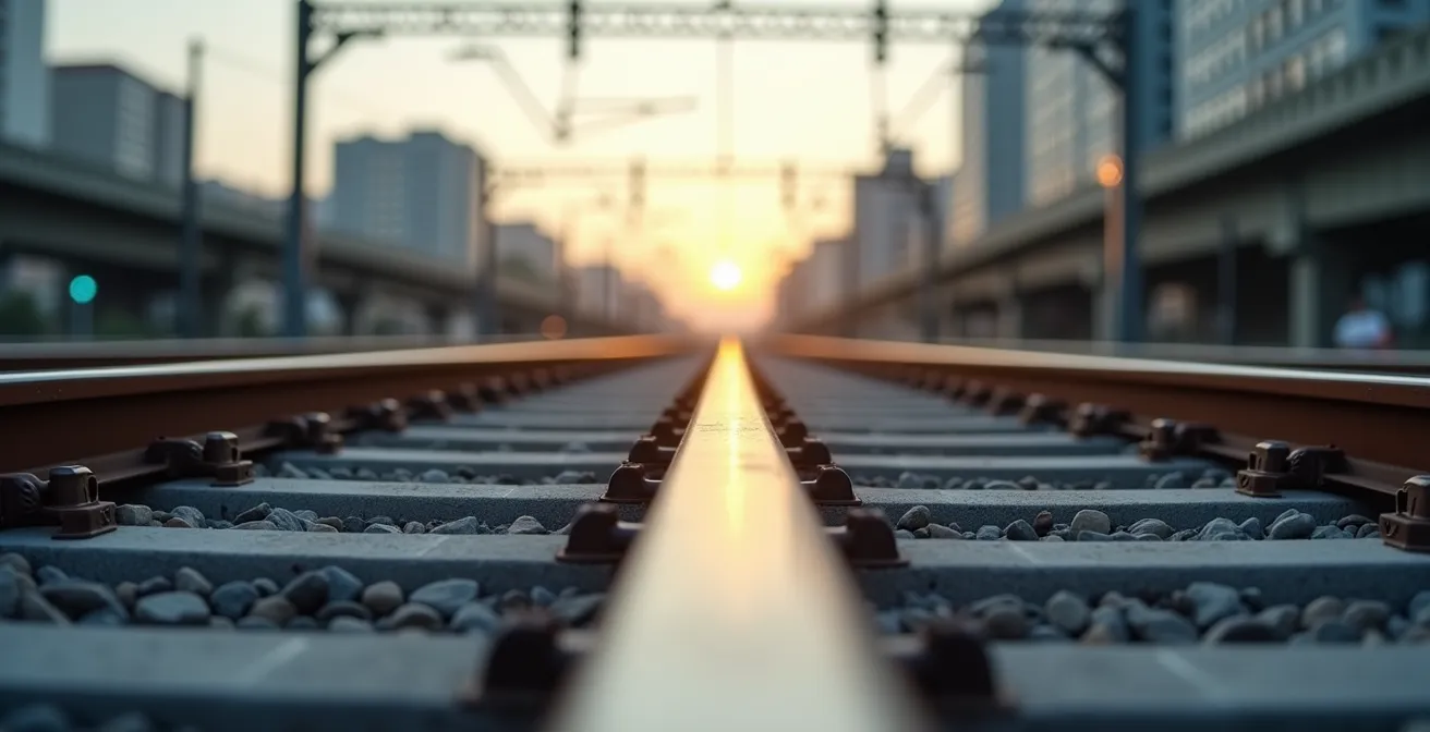 Vue détaillée des rails du REM en site propre avec système d'électrification moderne, montrant la séparation complète des autres modes de transport