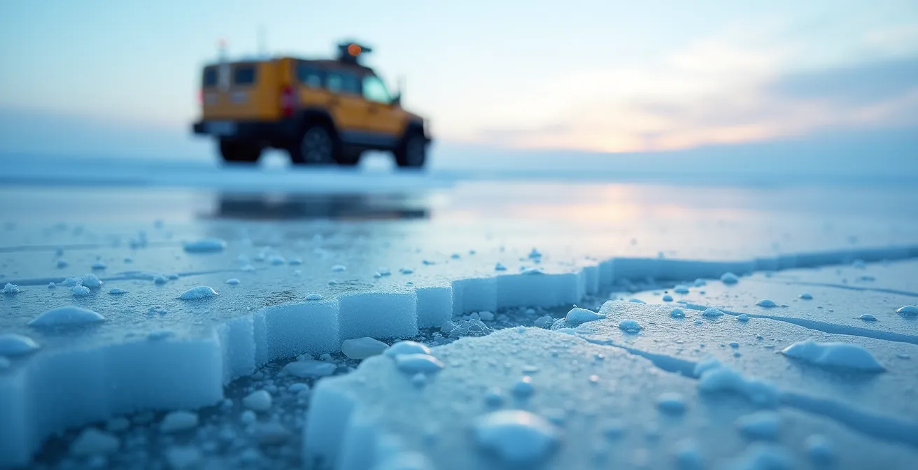 Véhicule équipé d'un géoradar inspectant l'épaisseur de la glace sur un lac gelé du Nunavik