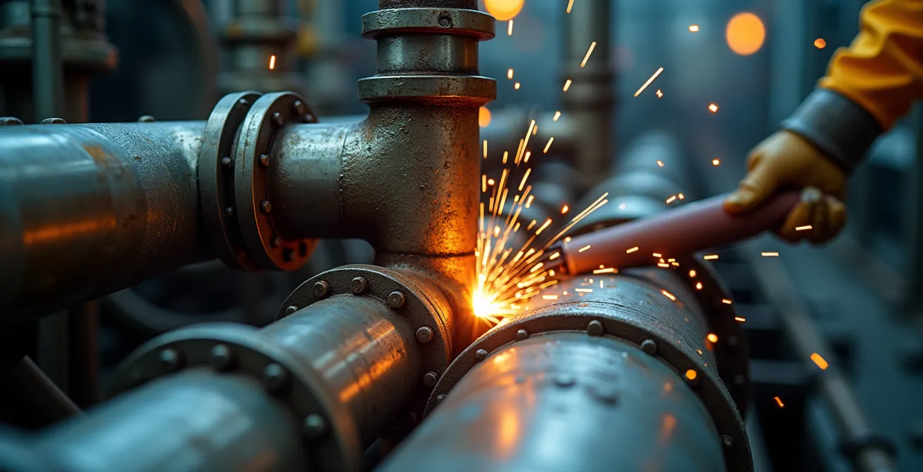 Vue rapprochée d'un système d'épurateur installé sur un navire en cale sèche