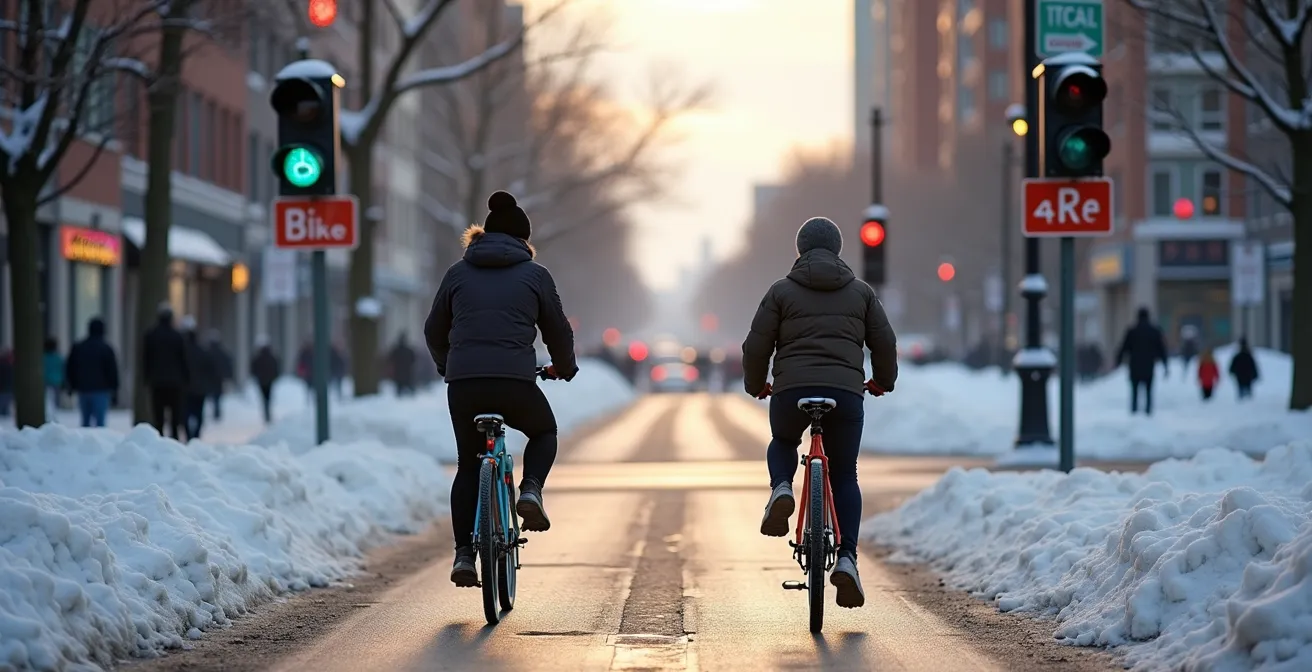 Intersection urbaine avec séparation claire entre espaces piétons et cyclistes en hiver