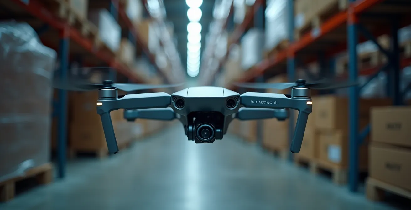 Drone autonome effectuant un inventaire dans les rayonnages en hauteur d'un entrepôt