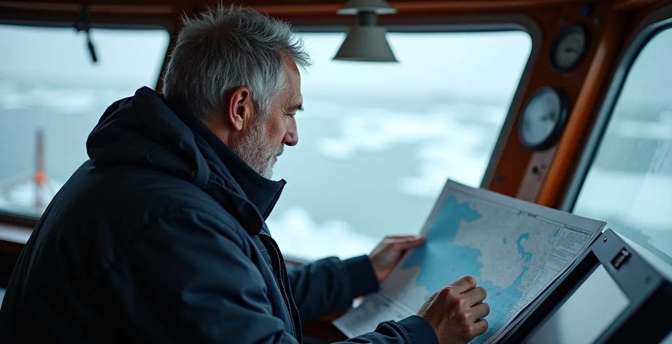 Vue aérienne d'un cargo naviguant lentement dans les eaux glacées du golfe du Saint-Laurent avec formations de glace visibles