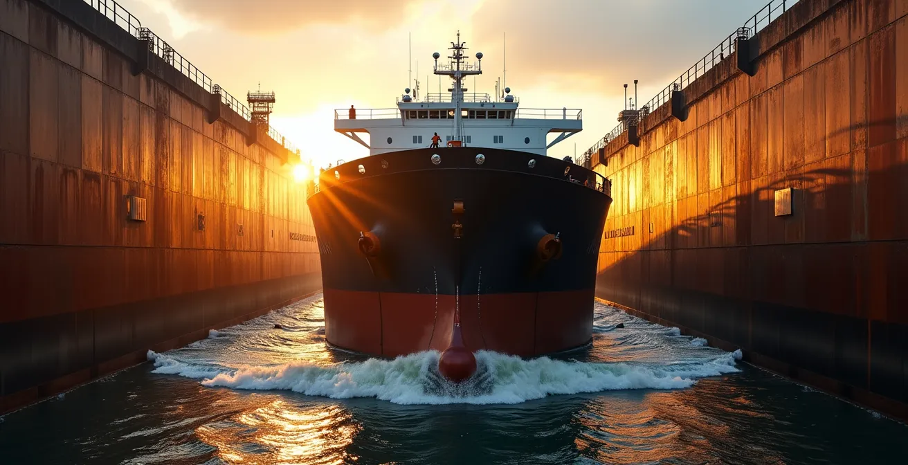 Vue latérale d'un vraquier traversant une écluse du canal Welland montrant la ligne de flottaison