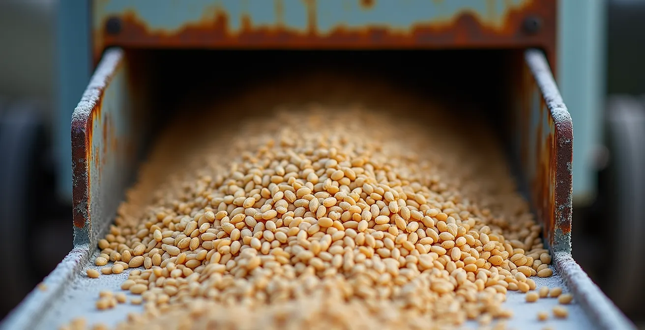 Vue macro détaillée d'un mécanisme de déchargement de wagon-trémie en action