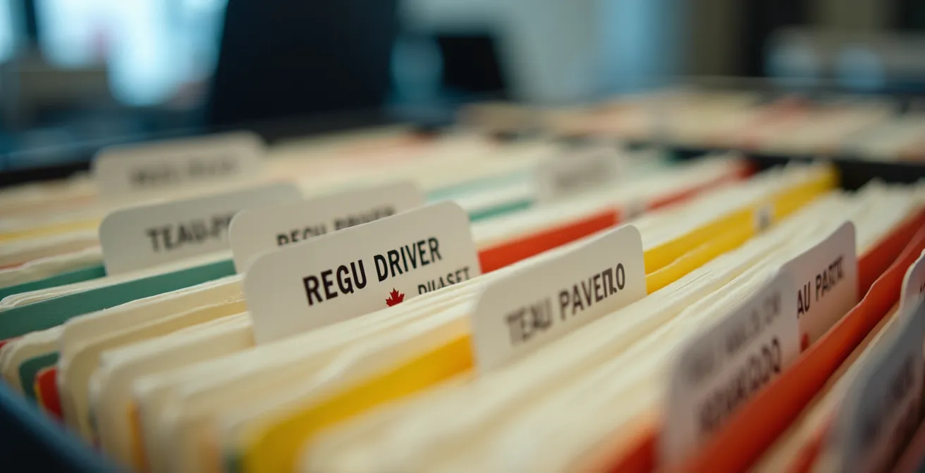 Bureau organisé avec système de classement pour dossiers de chauffeurs et documentation de conformité