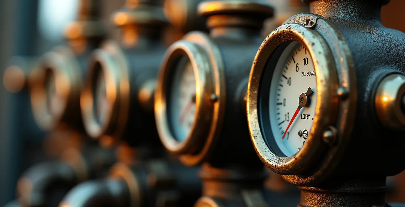 Vue macro détaillée de jauges et indicateurs de carburant sur un panneau de contrôle maritime avec reflets métalliques