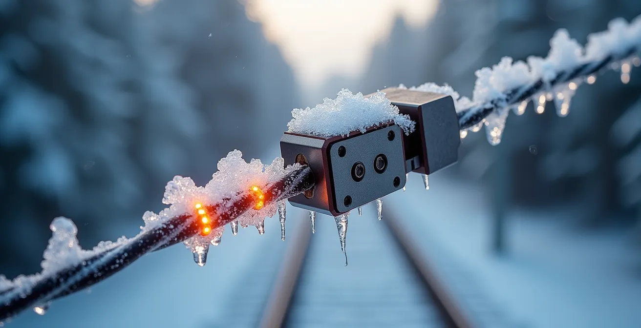 Vue macro détaillée d'un pantographe chauffé en contact avec une caténaire givrée, montrant les systèmes anti-glace