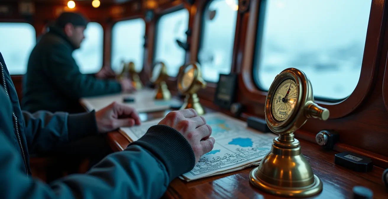 Pilote maritime sur la passerelle d'un navire naviguant dans les glaces du Saint-Laurent