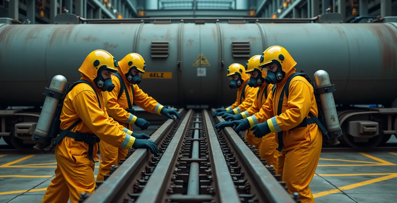 Exercice de simulation d'urgence avec équipes d'intervention spécialisées autour d'un wagon-citerne