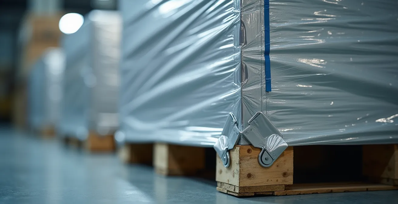 Vue rapprochée d'une palette aluminium avec marchandises filmées selon les normes aéroportuaires