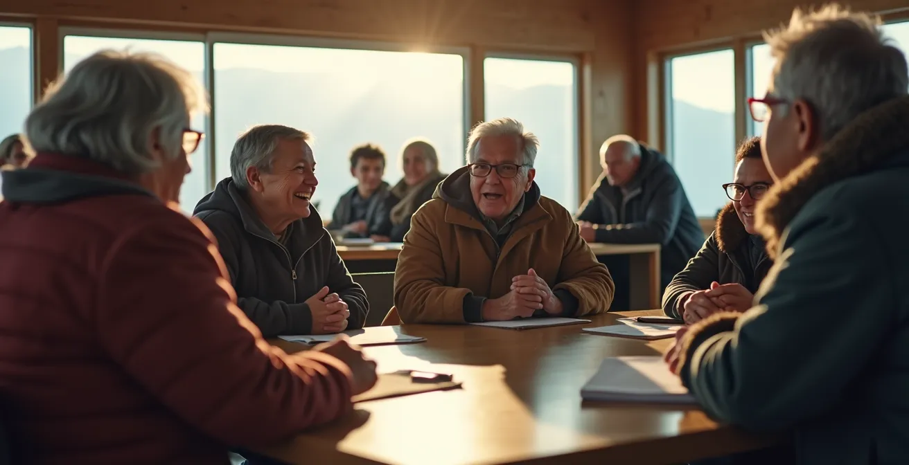 Rassemblement communautaire dans un centre nordique avec personnes en discussion