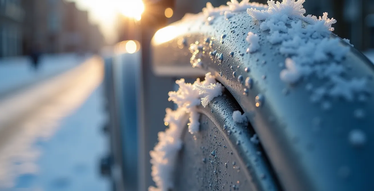 Vue macro de givre et de cristaux de glace sur un cadre de vélo en libre-service avec arrière-plan flou d'une rue enneigée canadienne