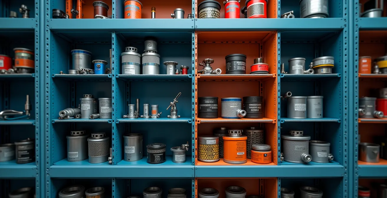 Vue macro détaillée de pièces de camion organisées dans un système de rangement modulaire avec codage couleur