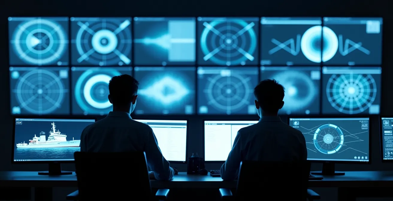 Salle de contrôle logistique moderne avec écrans de suivi maritime