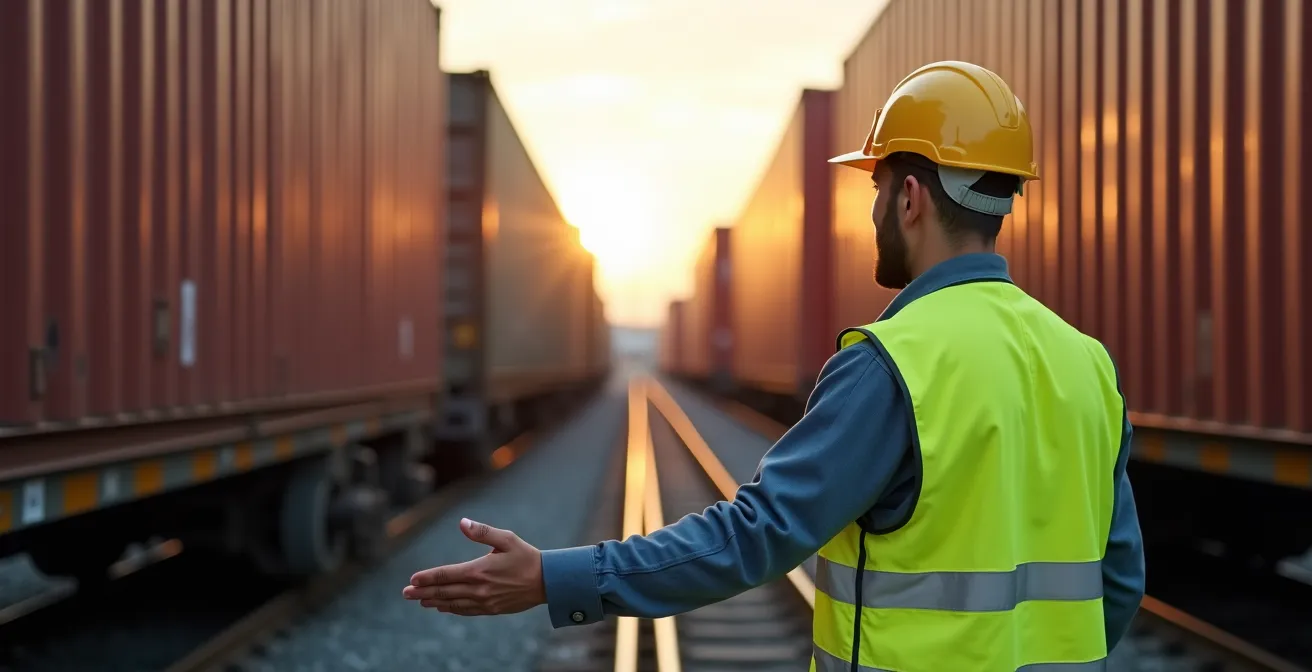 Terminal ferroviaire canadien avec grues de transbordement chargeant des conteneurs sur des camions en attente