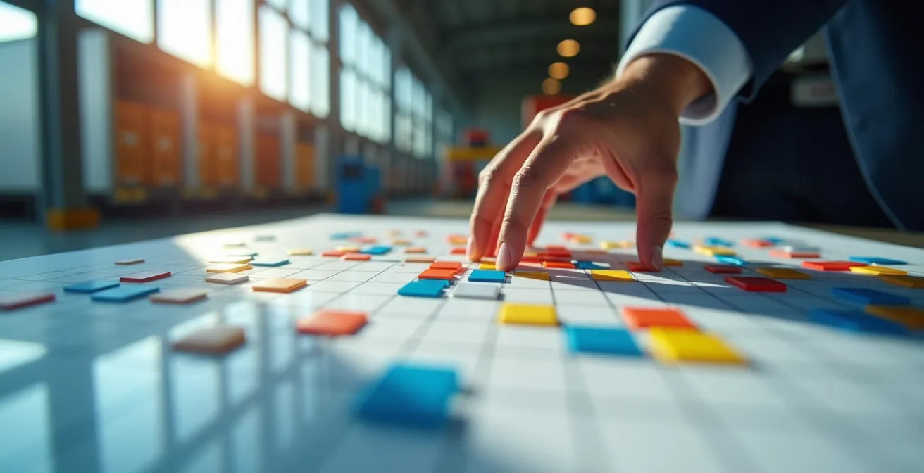 Interface de planification digitale des créneaux de quai avec camions en attente organisée