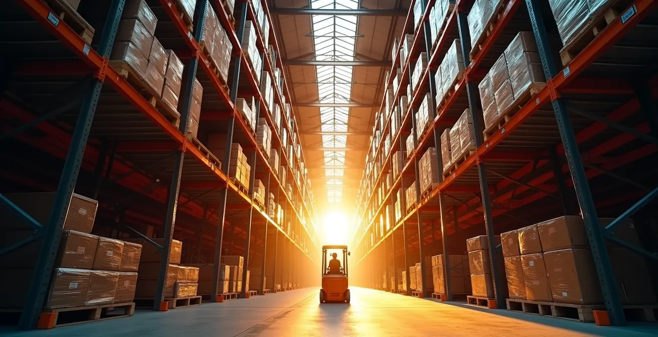 Système de palettiers à allées très étroites dans un entrepôt québécois avec chariot élévateur spécialisé