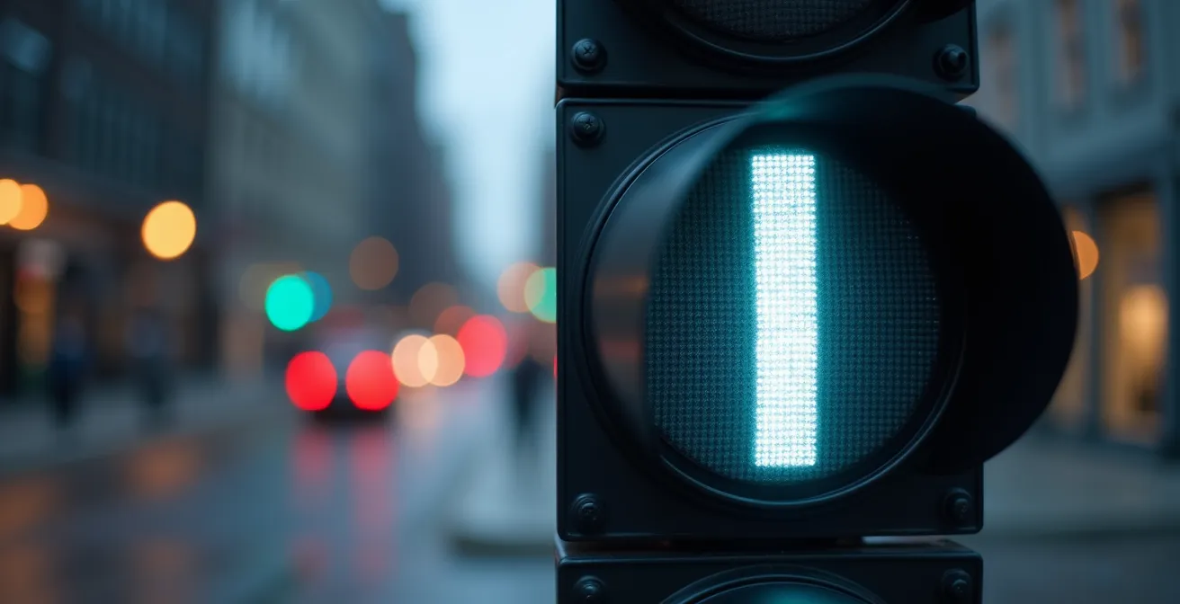 Vue macro rapprochée d'un feu de circulation spécial pour bus avec bande blanche verticale illuminée
