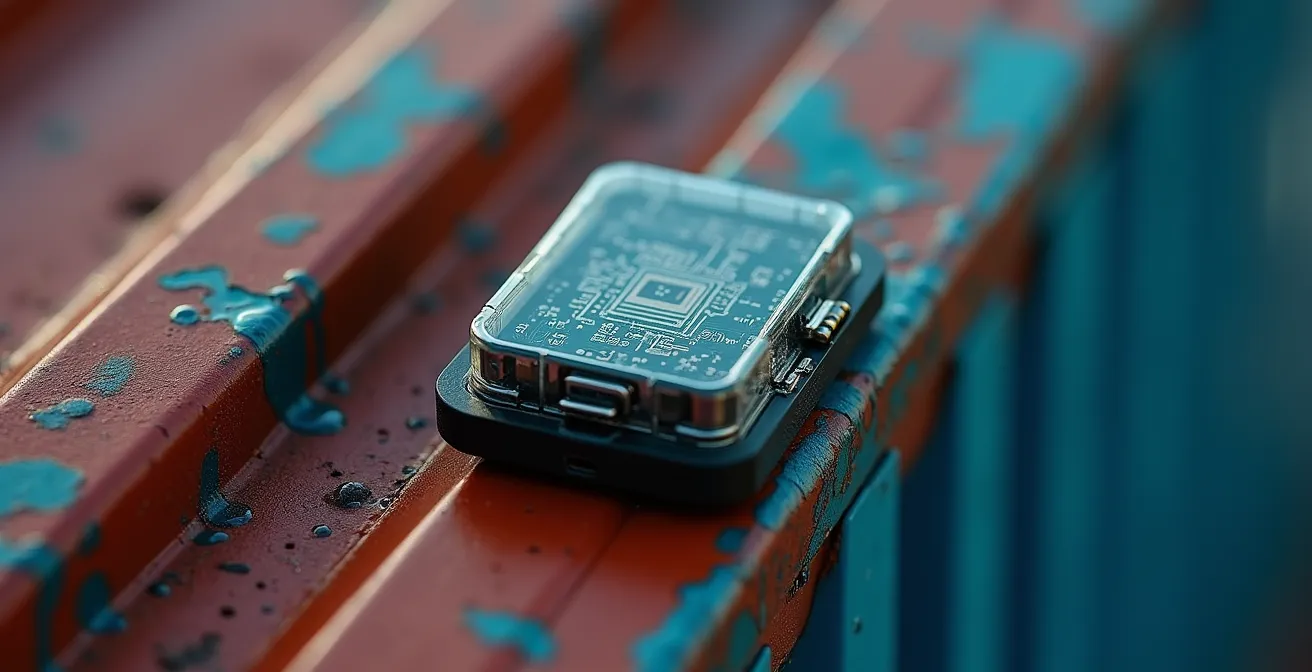 Vue macro détaillée d'un capteur IoT fixé sur un conteneur d'expédition avec textures métalliques visibles