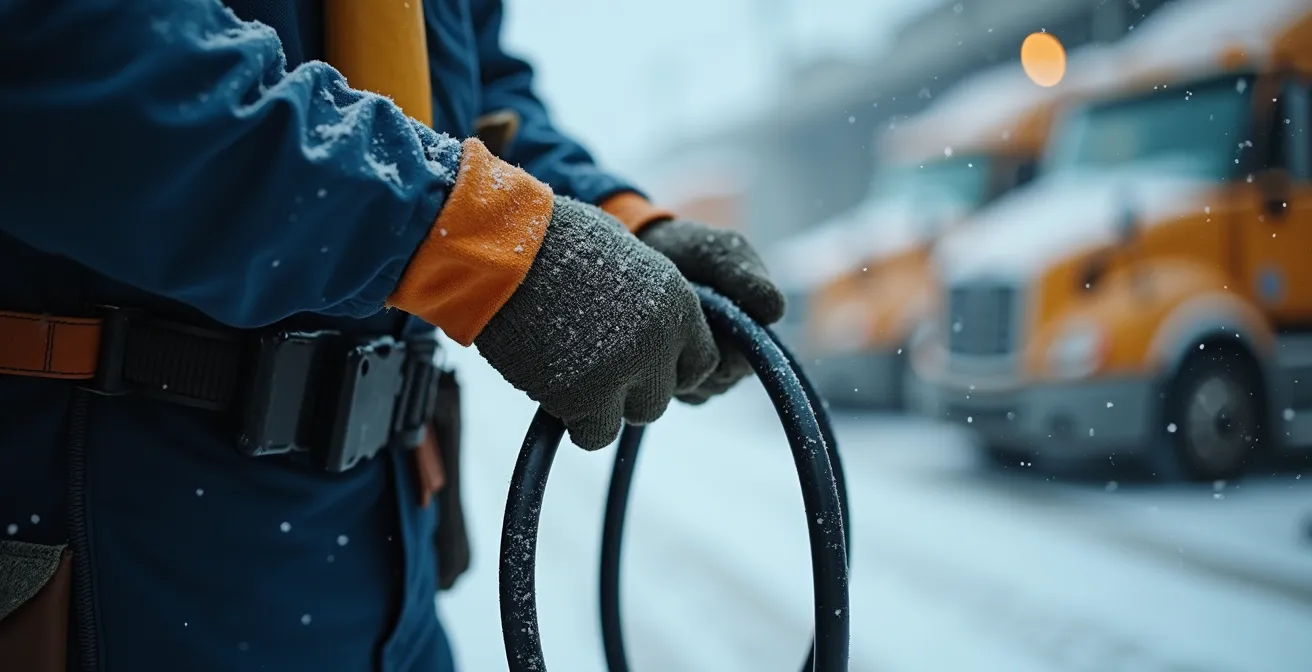 Dépôt de camions électriques durant une tempête de verglas avec système de secours énergétique actif