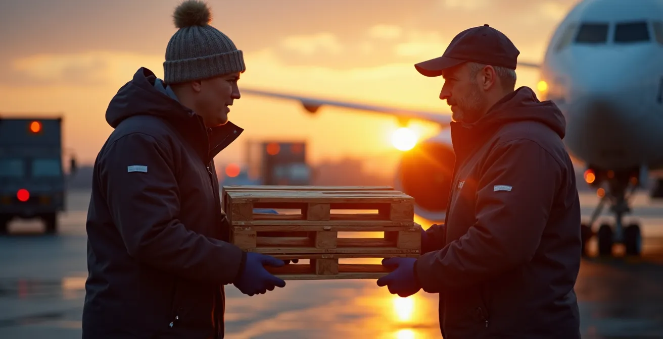 Terminal cargo au crépuscule avec camions en file et avions cargo en préparation