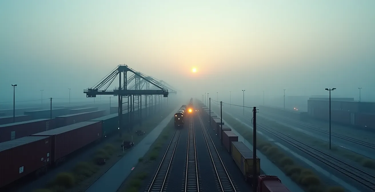 Vue large d'un terminal intermodal avec train et portiques de transbordement de conteneurs