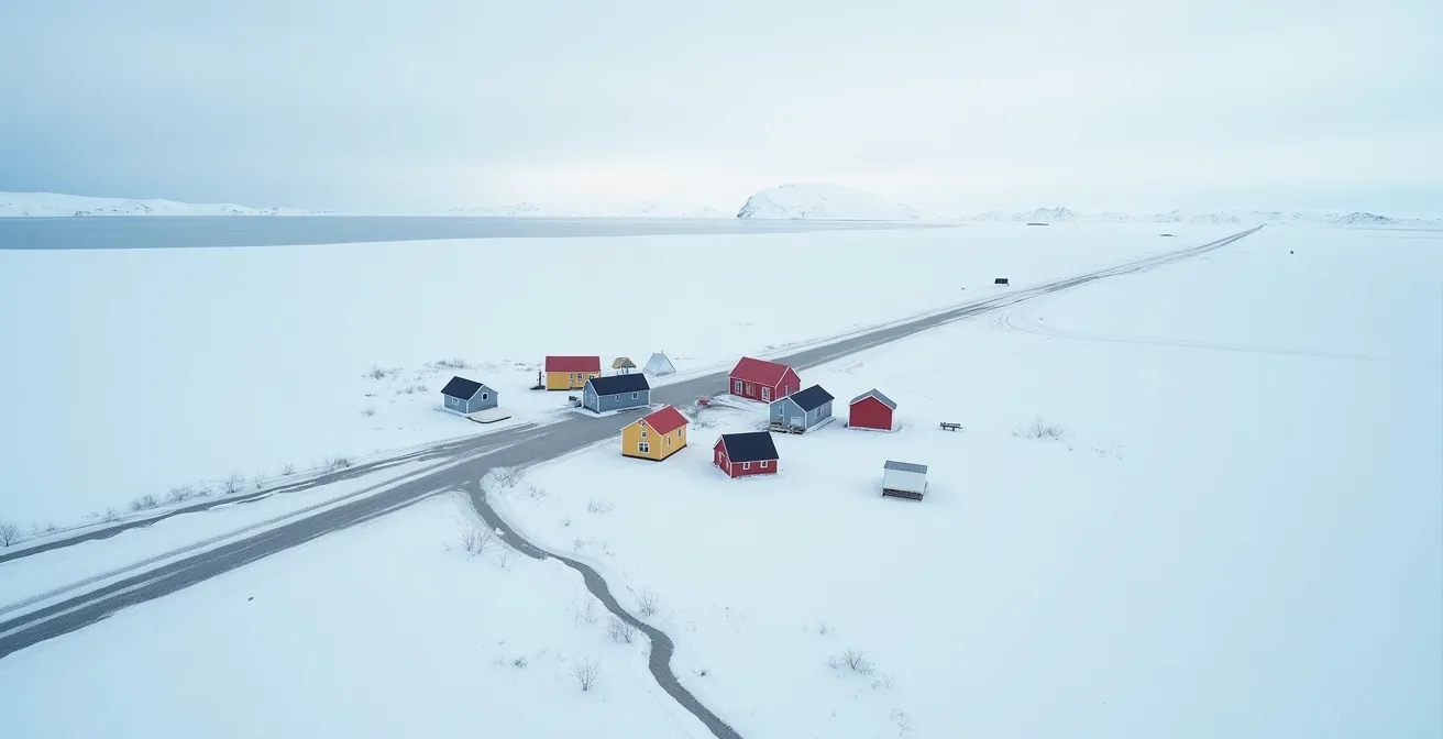 Vue aérienne d'un village nordique isolé avec piste d'atterrissage visible